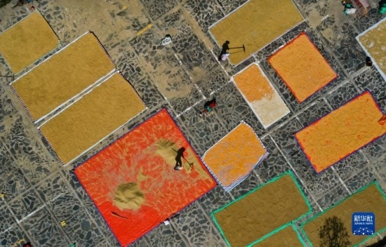 9月16日，貴州省黔東南苗族侗族自治州丹寨縣南皋鄉(xiāng)石橋村村民在晾曬農(nóng)作物（無人機(jī)照片）。