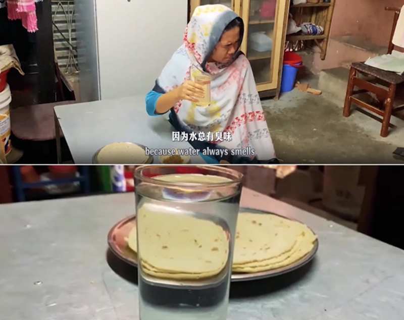 圖為紀(jì)實(shí)短片截圖：上圖為水質(zhì)未改善前，飲用水發(fā)黃渾濁；下圖為水廠建成后，飲用水水質(zhì)明顯改善，清澈透明。