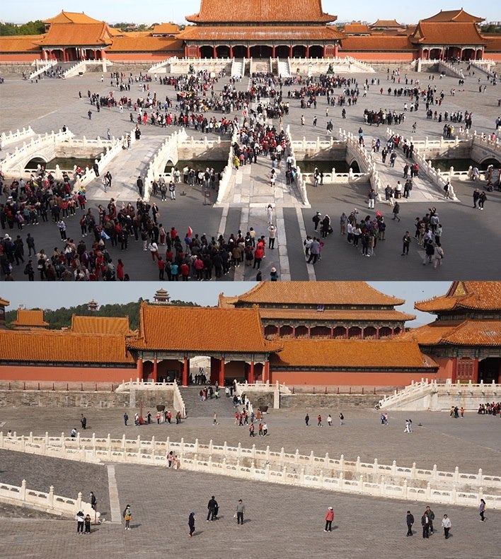 上午9時(shí)和下午13時(shí)的太和門廣場客流對比。故宮博物院供圖
