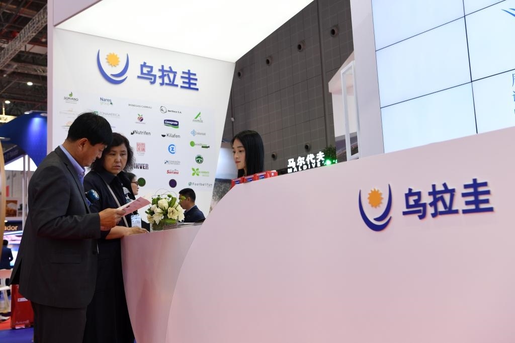 2019年11月6日，參觀(guān)者在第二屆進(jìn)博會(huì)烏拉圭國(guó)家館展臺(tái)咨詢(xún)。