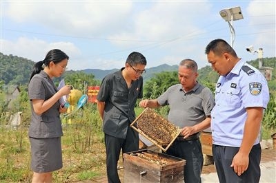  圖②：蒙山法院黃村法庭法官深入蜂蜜合作社，實(shí)地了解蜂農(nóng)需求。