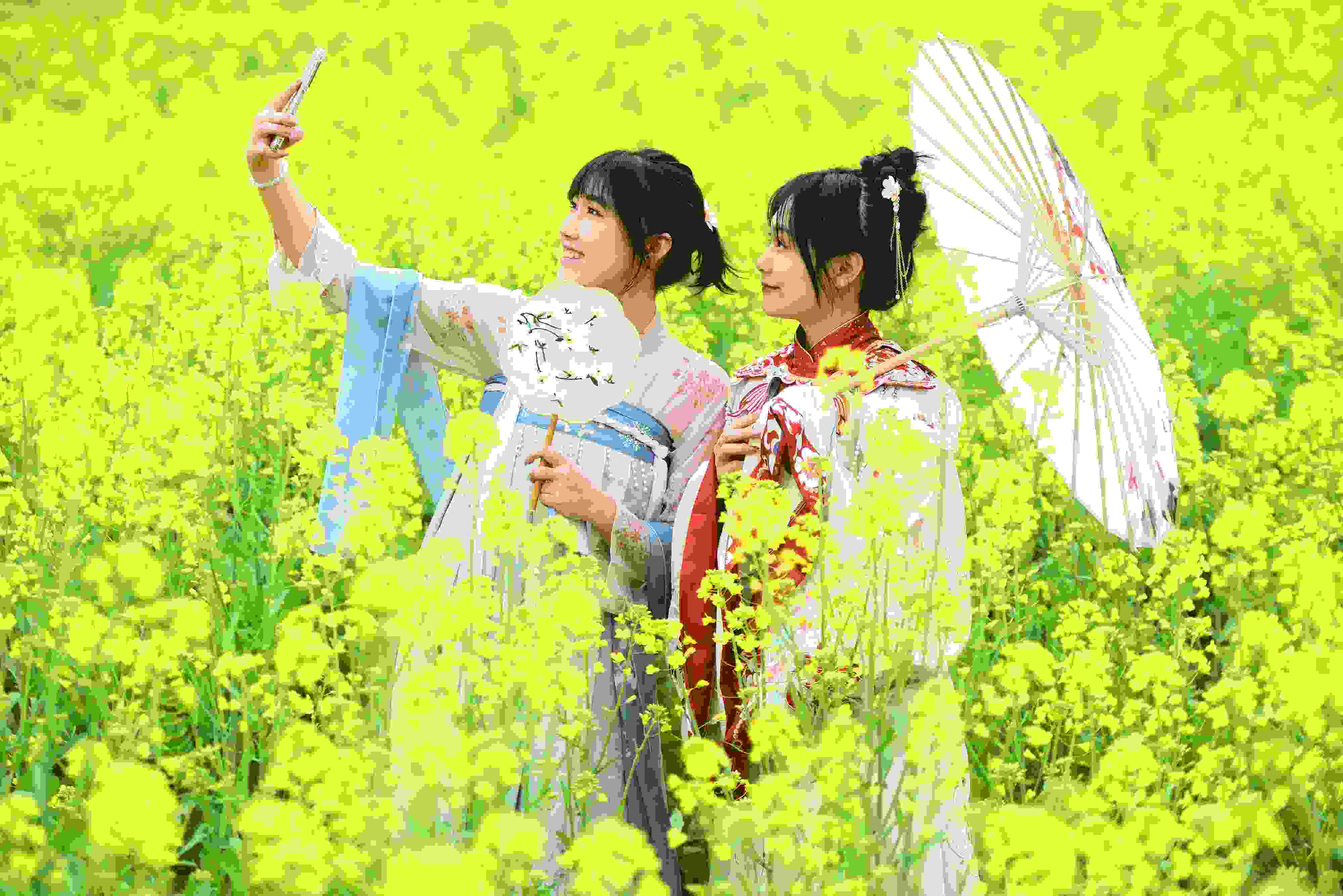 △ 2024年2月16日，廣西賀州，在富川瑤族自治縣麥嶺鎮(zhèn)三民村，游客在油菜花田間賞花拍照。