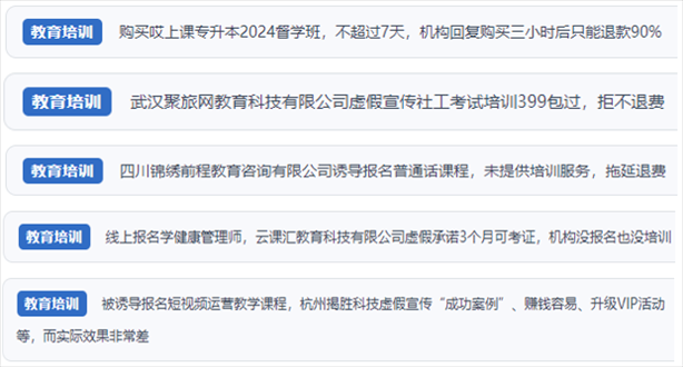 “人民投訴”用戶舉報(bào)機(jī)構(gòu)虛假宣傳包過(guò)包拿證、虛假承諾收益效果、課程服務(wù)貨不對(duì)板、退款難等在線教培亂象。（“人民投訴”平臺(tái)截圖）