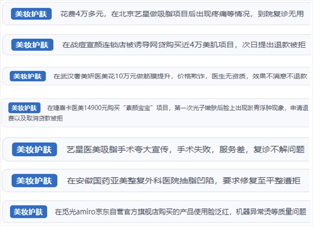 “人民投訴”用戶舉報(bào)醫(yī)美未達(dá)預(yù)期效果或?qū)е律眢w損傷退款遭拒、機(jī)構(gòu)及服務(wù)人員虛假資質(zhì)、被誘導(dǎo)高額醫(yī)美貸、網(wǎng)購(gòu)美容儀器質(zhì)量不過(guò)關(guān)等問(wèn)題。（“人民投訴”平臺(tái)截圖）