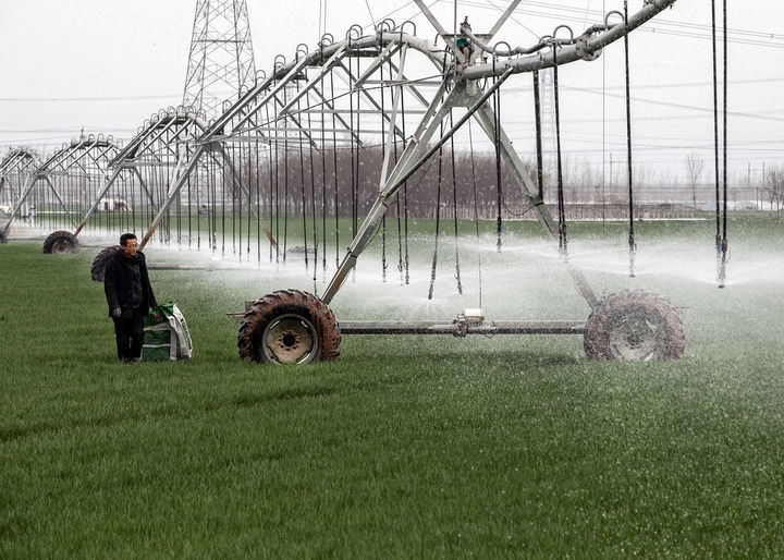 2024年3月18日，在河南省焦作市博愛(ài)縣孝敬鎮(zhèn)東原莊村瑞輝家庭農(nóng)場(chǎng)，村民使用全自動(dòng)指針式噴灌機(jī)進(jìn)行澆灌作業(yè)。新華社發(fā)（程全攝）
