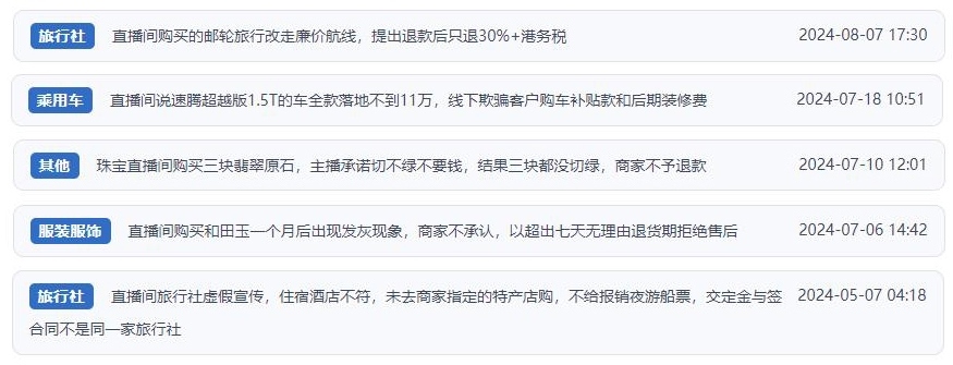 近期網(wǎng)友涉及直播購物相關投訴問題。（“人民投訴”用戶投訴截圖）