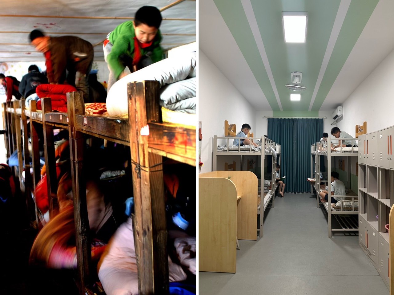 縉云縣東渡鎮(zhèn)長(zhǎng)坑小學(xué)2005年以前的學(xué)生宿舍（左），以及現(xiàn)在的學(xué)生宿舍（右） 學(xué)校供圖