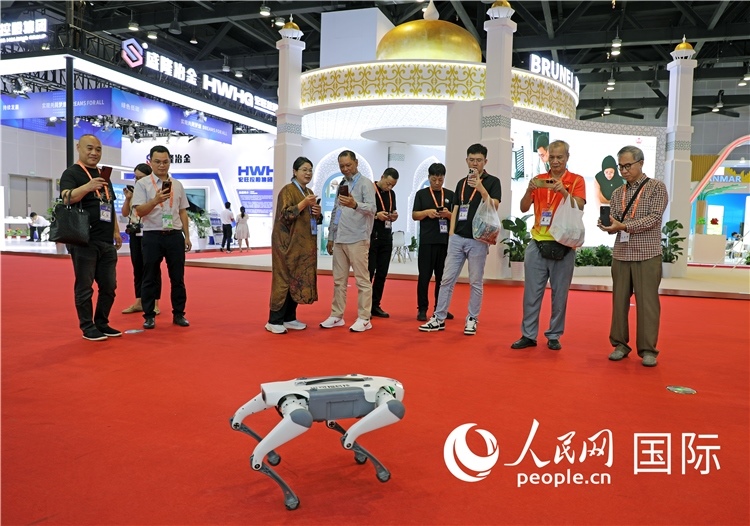 東博會(huì)上，觀眾正在參觀一只機(jī)器狗。綠色能源、新能源汽車、綠色農(nóng)產(chǎn)品等成為本屆東博會(huì)觀眾關(guān)注的焦點(diǎn)。人民網(wǎng)記者 趙益普攝