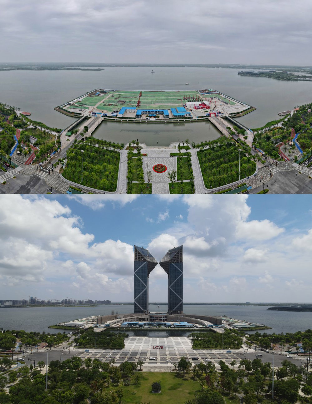 拼版照片：空中俯瞰中國（上海）自由貿(mào)易試驗(yàn)區(qū)臨港新片區(qū)滴水湖西島中銀金融中心項(xiàng)目現(xiàn)場(chǎng)（上圖為2021年6月20日攝，無人機(jī)照片；下圖為2024年8月14日攝，無人機(jī)照片）。2019年8月20日，臨港新片區(qū)揭牌成立，一個(gè)開放新高地在長江與東海交匯處日益崛起。