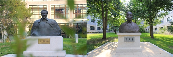 △左圖為中央黨校（國家行政學(xué)院）校園內(nèi)的焦裕祿雕塑，右圖為校園內(nèi)的谷文昌雕塑。
