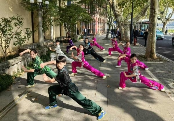 杭州市陳經(jīng)綸體校武術(shù)隊(duì)學(xué)生們展示中華武術(shù)。 人民網(wǎng)記者 楊磊攝