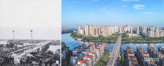 20世紀90年代的武龍大橋（左）和改造提升后的武龍大橋（右）（央廣網(wǎng)發(fā) 贛州市委網(wǎng)信辦供圖）