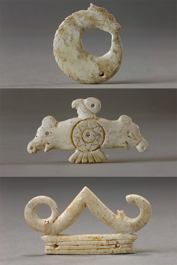 玉龍（上）、玉鷹（中）和玉冠飾（下）。國家文物局供圖