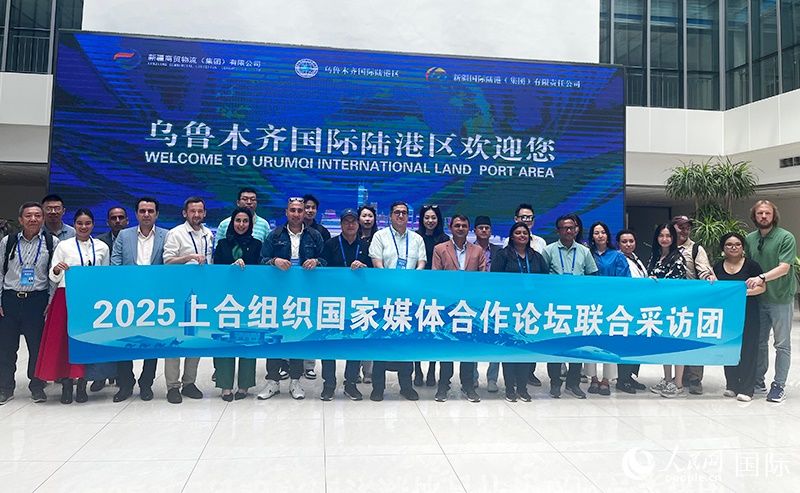 5月26日，外國媒體人在烏魯木齊國際陸港區(qū)合影留念。 人民網(wǎng)記者 翟轉(zhuǎn)麗攝