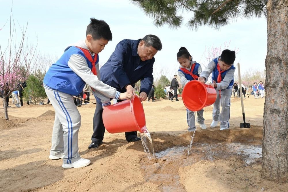 2025年4月3日，習(xí)近平總書記等來(lái)到北京市豐臺(tái)區(qū)永定河畔參加首都義務(wù)植樹活動(dòng)。這是習(xí)近平總書記同少先隊(duì)員一起給剛栽下的樹苗澆水。新華社記者 謝環(huán)馳 攝